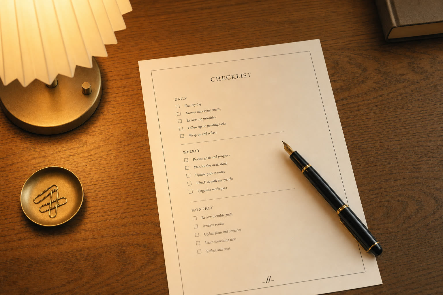 Security checklist notebook and pen on a dark desk